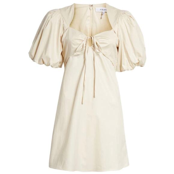 NEW Frame Tie Neck Puff Sleeve Stretch Poplin Minidress Flax Beige - Picture 1 of 12